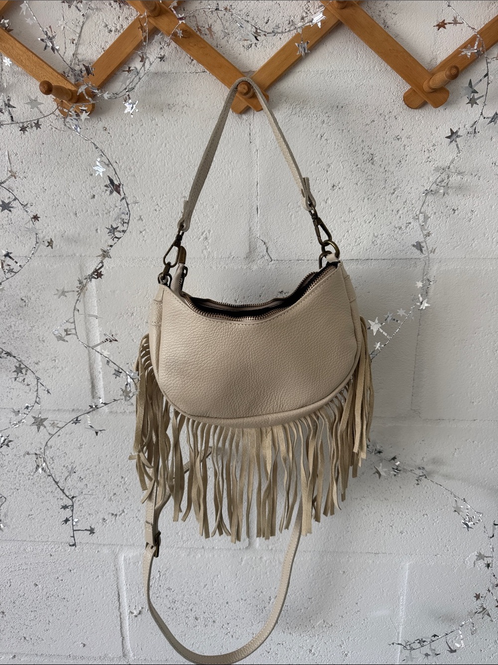 Cream leather fringe bag